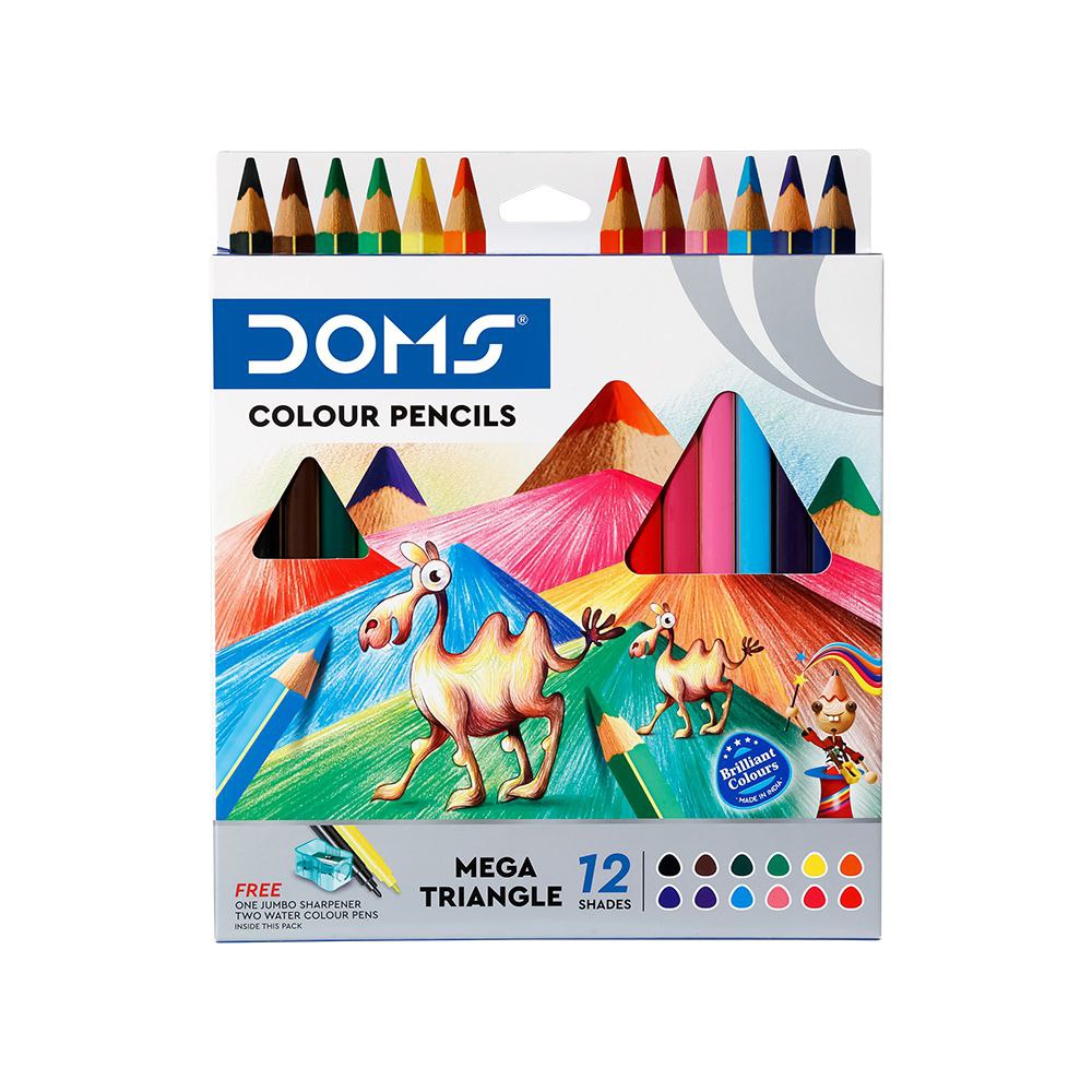 DOMS Mega Triangle Colored Pencils 5.5mm Lead, 12 Vibrant Shades, Ergonomic Grip