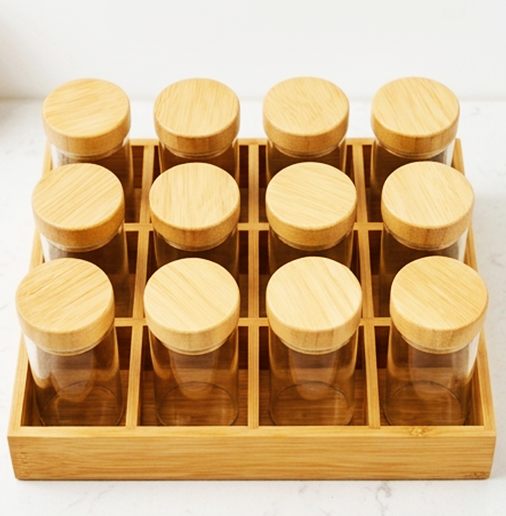 Conjunto Organizador de Frascos de Especiarias de Bambu de 12 Peças - AYD305-4