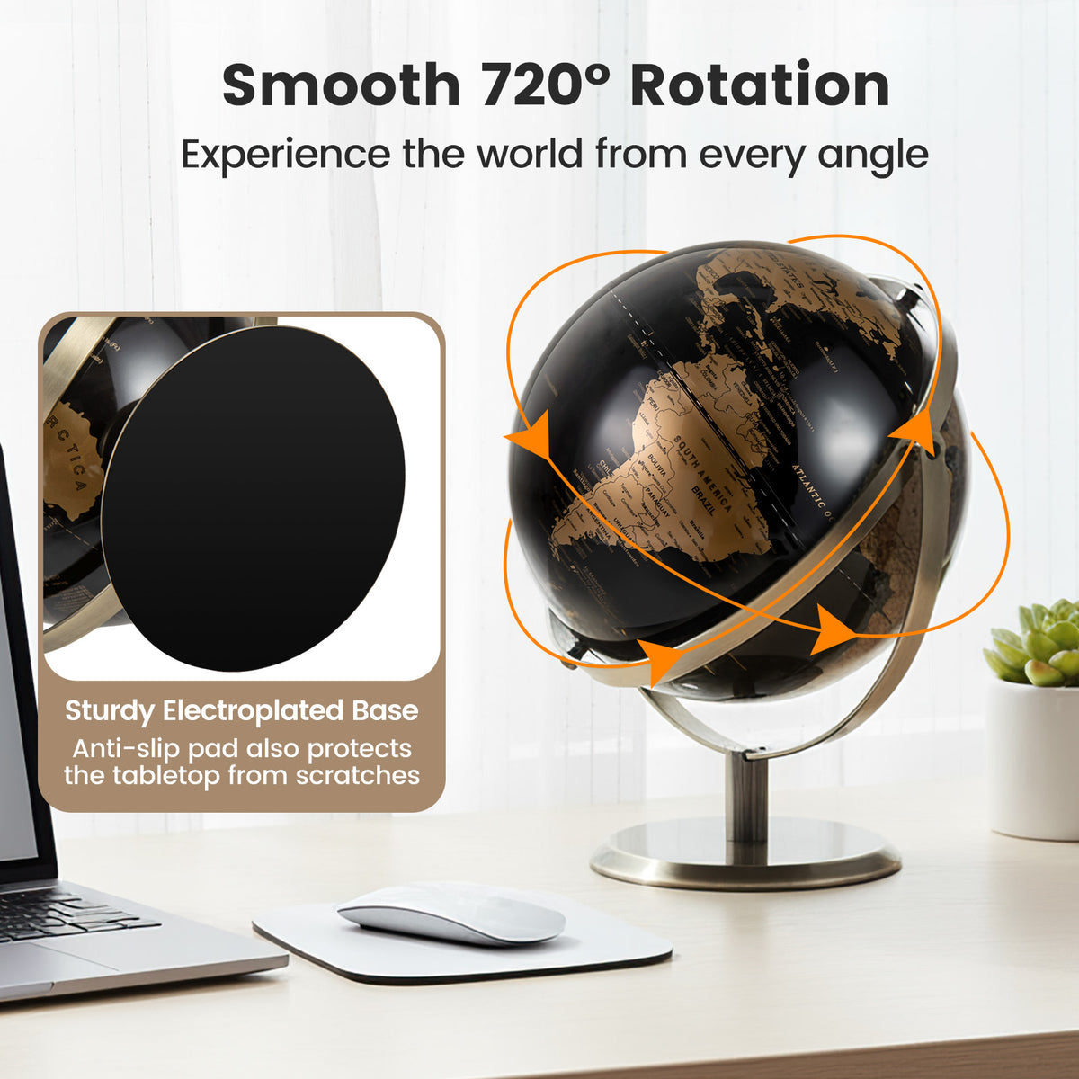 Metallic Black World Globe with Metal Stand 9 in