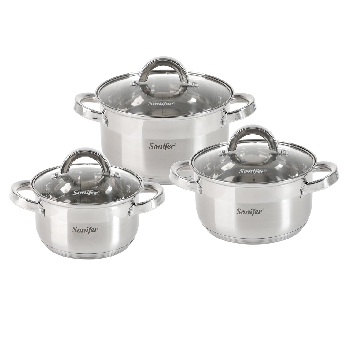 Sonifer Premium 6-Piece Stainless Steel Pot Set with Glass Lids